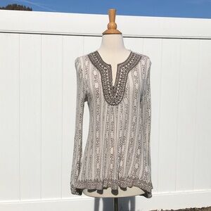Lucky 🍀 Brand Cream Tan Tunic Embroidered Sequined V Neck Detail Size Large